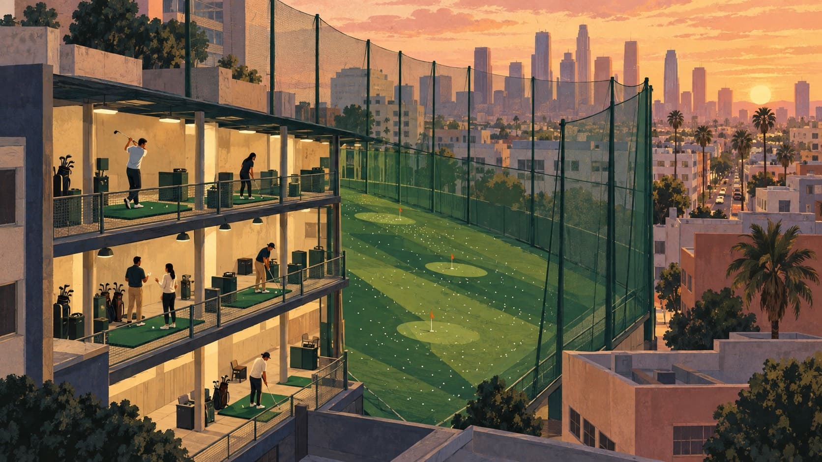 Conceptual illustration of golfers practicing on stacked, netted driving-range bays among Los Angeles buildings at dusk. AI-generated; not a depiction of a specific venue or historical scene.